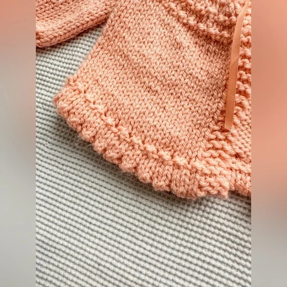 Baby Handmade Knit Sweater with Ribbon Tie. Peach - Size 3-6m - Picture 5 of 10